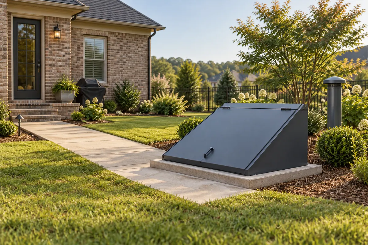 Illustration of closed backyard shelter hatch beside a clear paved access path