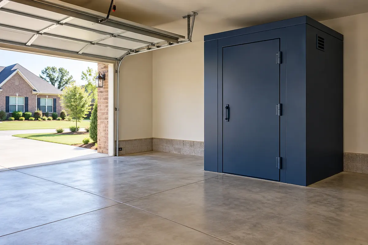 Illustration of an above-ground safe room in a garage
