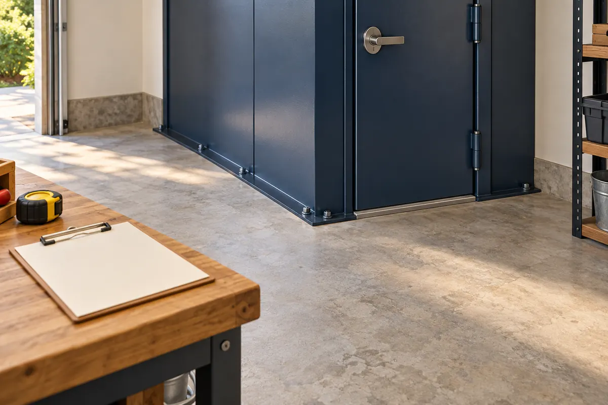 Illustration of a safe-room base and a blank clipboard for an installation assessment